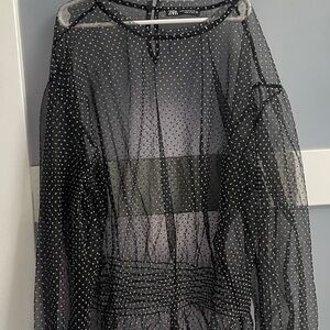 Zara Black Sheer mesh Polka Dot Blouse